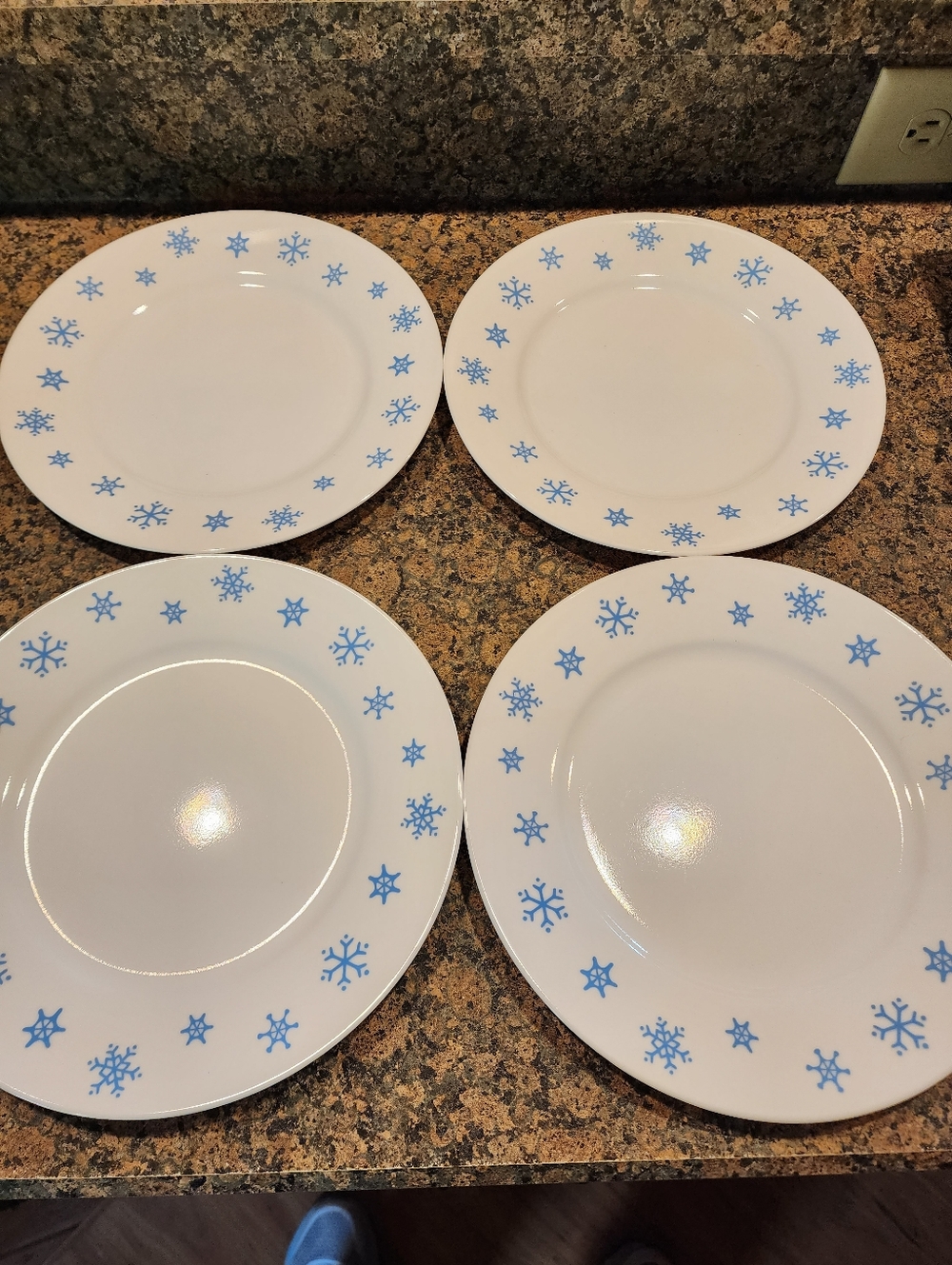 Corelle White Dinner Plates 10.75" with Blue Snowflake Border - Set of 4